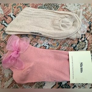 Stems Socks. Two Pair. Pink Ankle Socks, Gauze Bows. Cream Metallic Socks. NWT